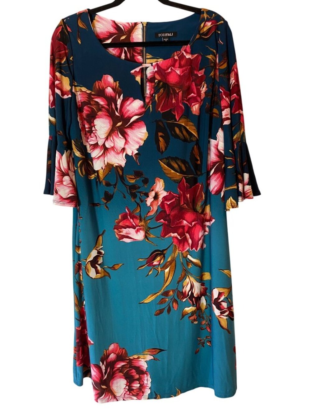 Roz & Ali Womens Floral Teal Dress Bell Sleeves & Back Zipper 1X